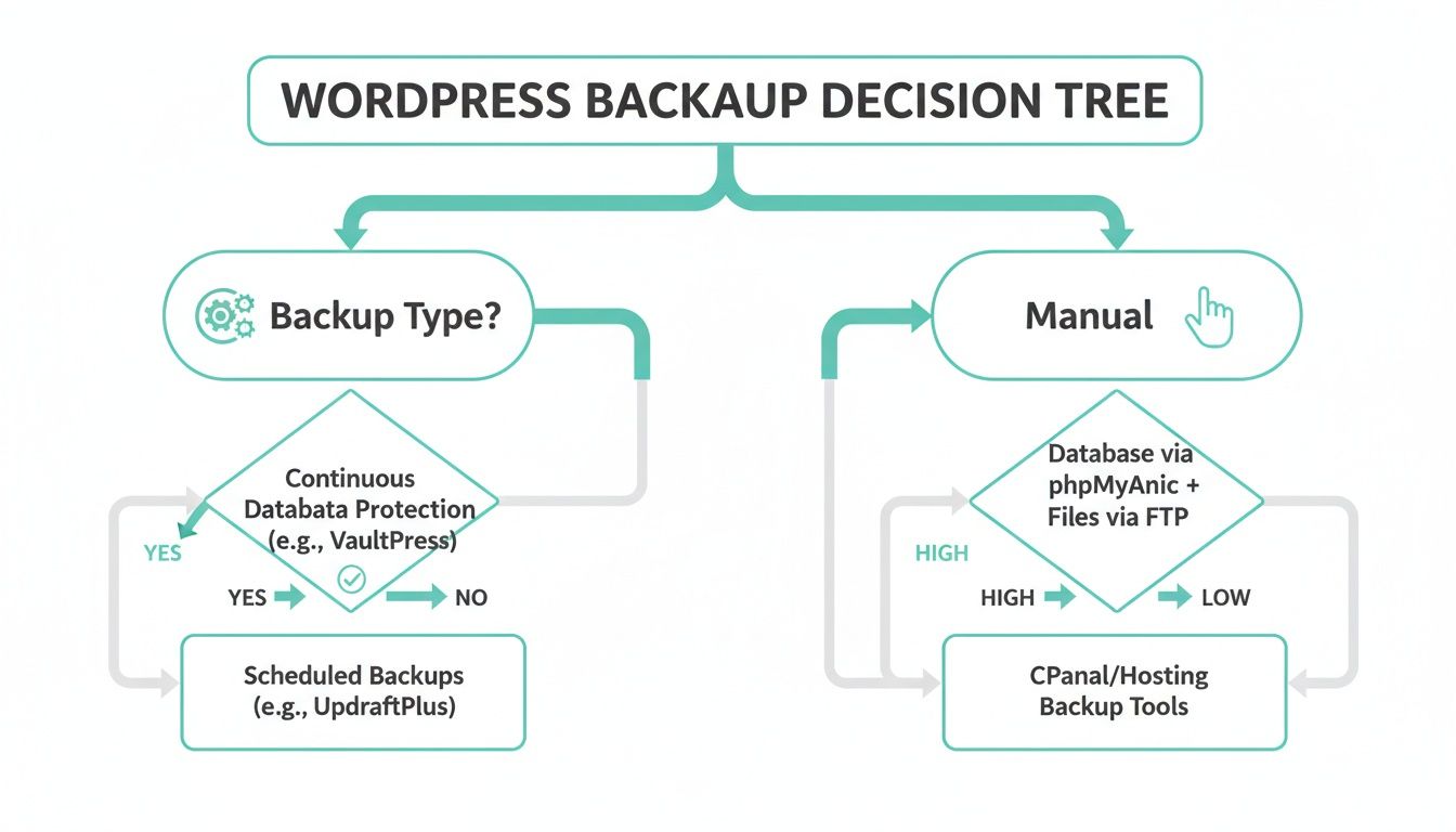 How to Backup WordPress Site A Practical Guide for Business Owners 9 A wordpress backup decision tree flowchart detailing automated and manual backup methods.