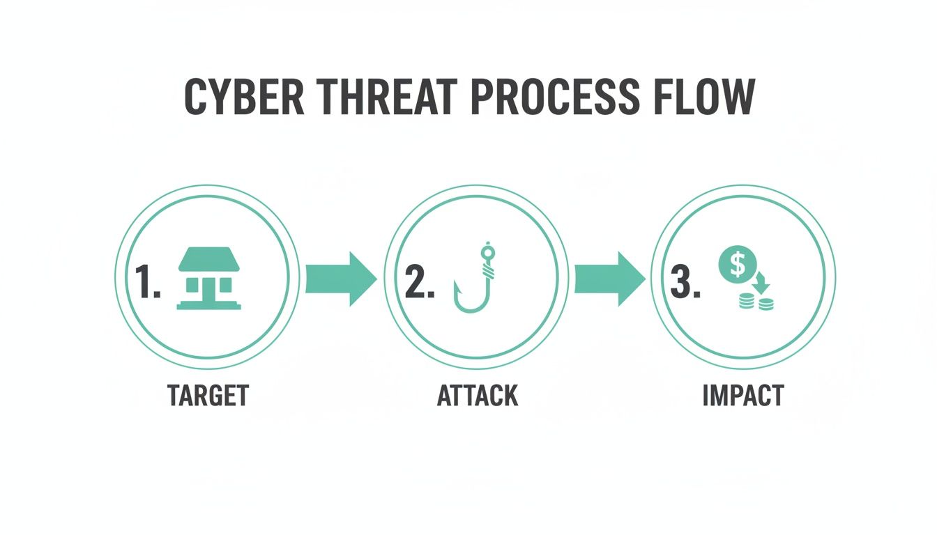 A diagram showing the cyber threat process flow with three stages: target, attack, and financial impact.