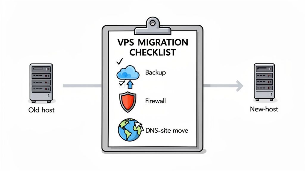 A vps migration checklist with items like backup, firewall, and dns-site move, showing transition from old to new host.