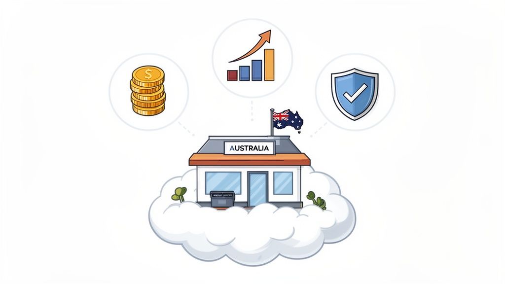 Australian building on a cloud, depicting cloud computing benefits like money, growth, and security.