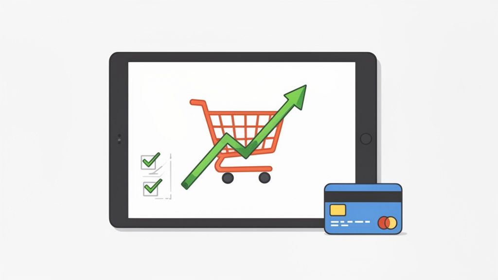 10 Profitable Small Business Ideas From Home for Aussies in 2026 3 Tablet displaying a shopping cart with an upward-trending sales graph, accompanied by checkboxes and a credit card, symbolizing business growth.