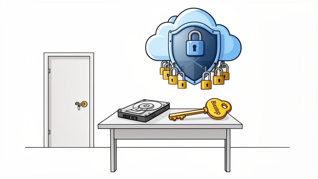 Cloud security with a locked shield, hard drive, and a key, symbolizing data protection.