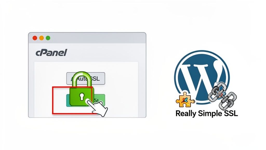 Your Guide: your connection is not private fix - fast, safe steps 4 Cpanel interface with green padlock for autossl and wordpress logo with really simple ssl plugin.