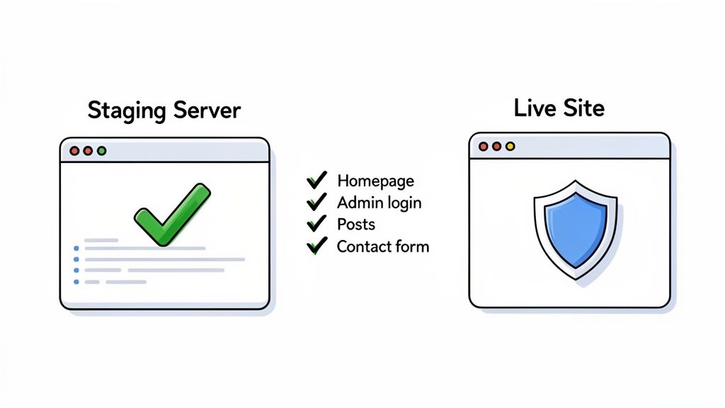How to Backup WordPress Site A Practical Guide for Business Owners 14 Illustrates website testing on a staging server with a checkmark, moving to a secure live site with a shield.
