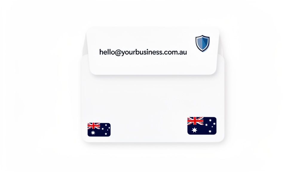How to Set Up Domain Email for Your Business 1 An envelope displaying a secure australian business email address and two australian flags.