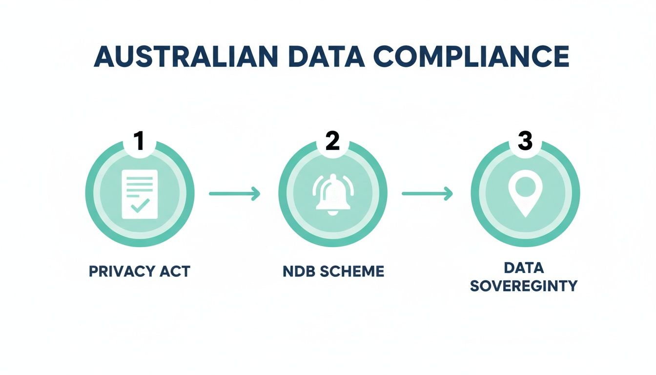 Diagram illustrating australian data compliance steps: privacy act, ndb scheme, and data sovereignty.