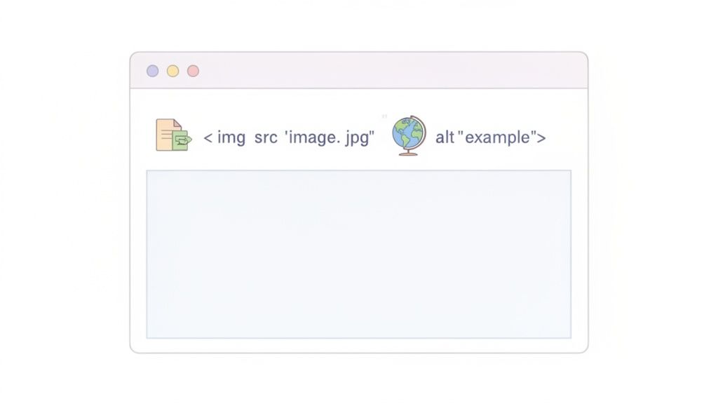 How to Add an Image in HTML: A Practical Guide 1 A minimalist diagram showing an HTML image tag with data-src='image.jpg' and alt='example' in a browser window.