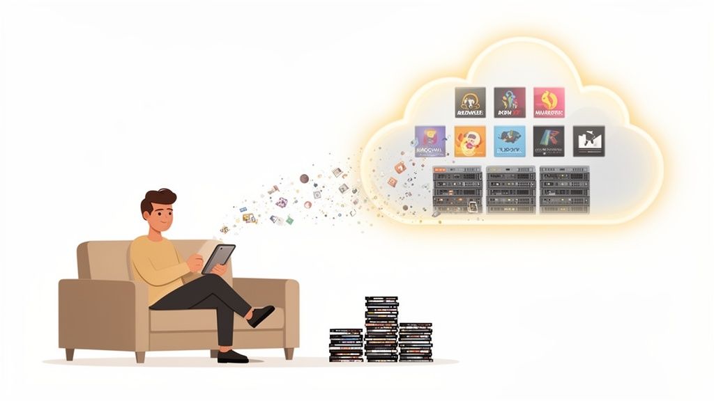 Man on a couch using a tablet to transfer physical media into a glowing cloud server.