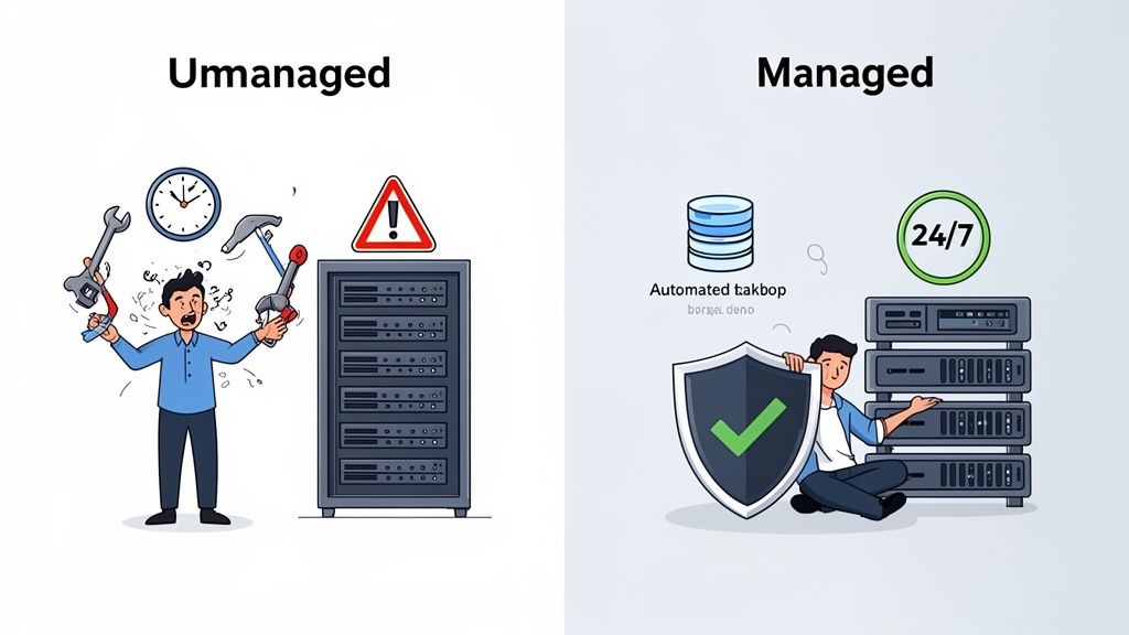 Visual comparison of unmanaged vs. Managed server hosting, showing a stressed person versus a relaxed, secure setup with automated backups and 24/7 support.