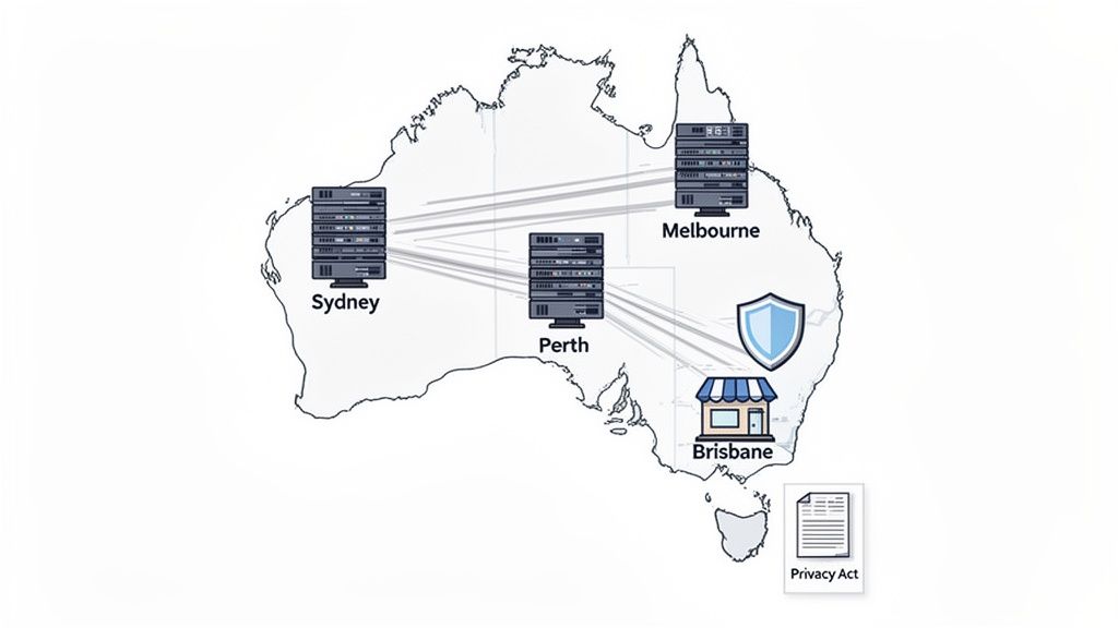 Finding the Best VPS Hosting Australia for Speed and Value 1 Map of australia showing server locations in sydney, perth, melbourne, and data flow.