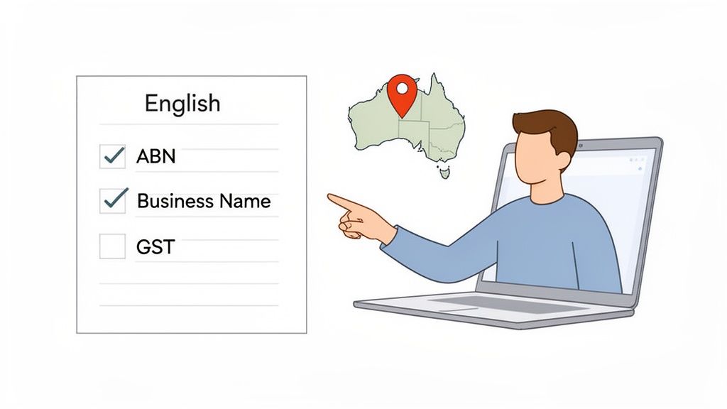A person from a laptop points to australia's map, next to a checklist with abn and business name selected.