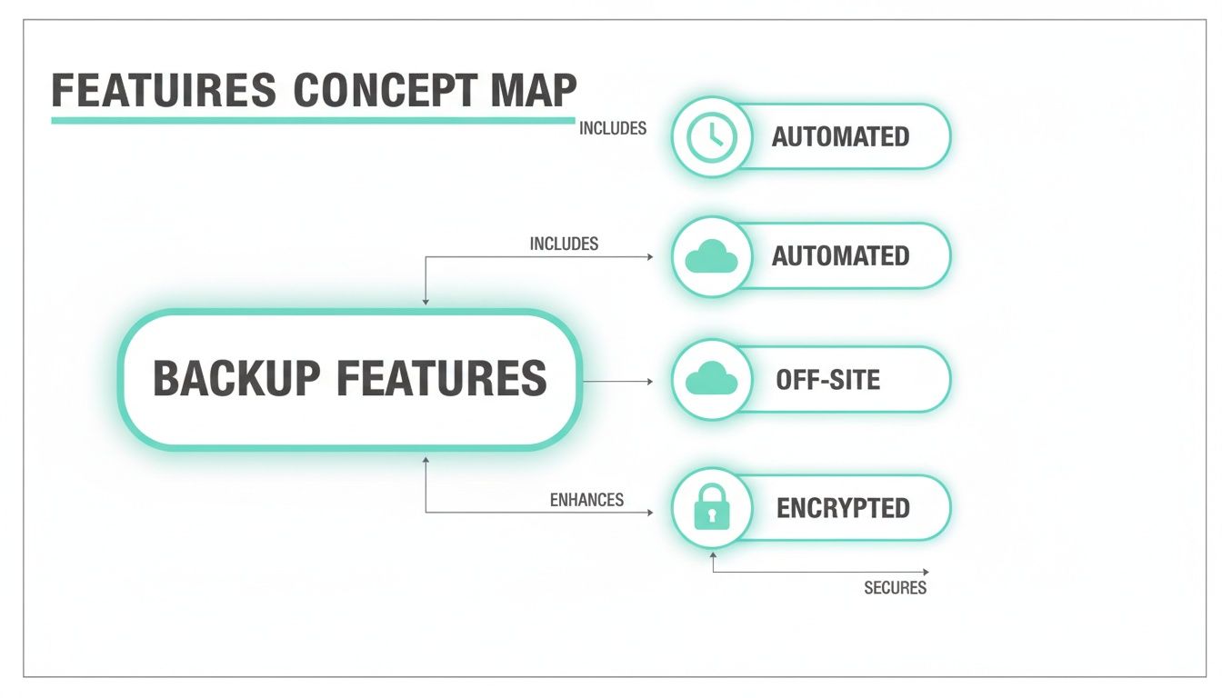 Concept map showing backup features, including automated processes, off-site storage, and encrypted security.