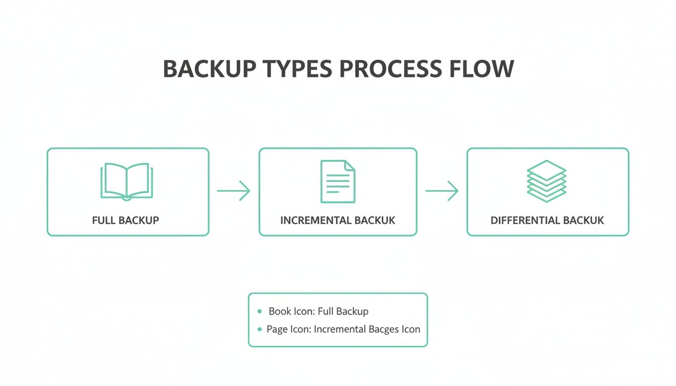 A process flow diagram illustrating three backup types: full, incremental, and differential backups.