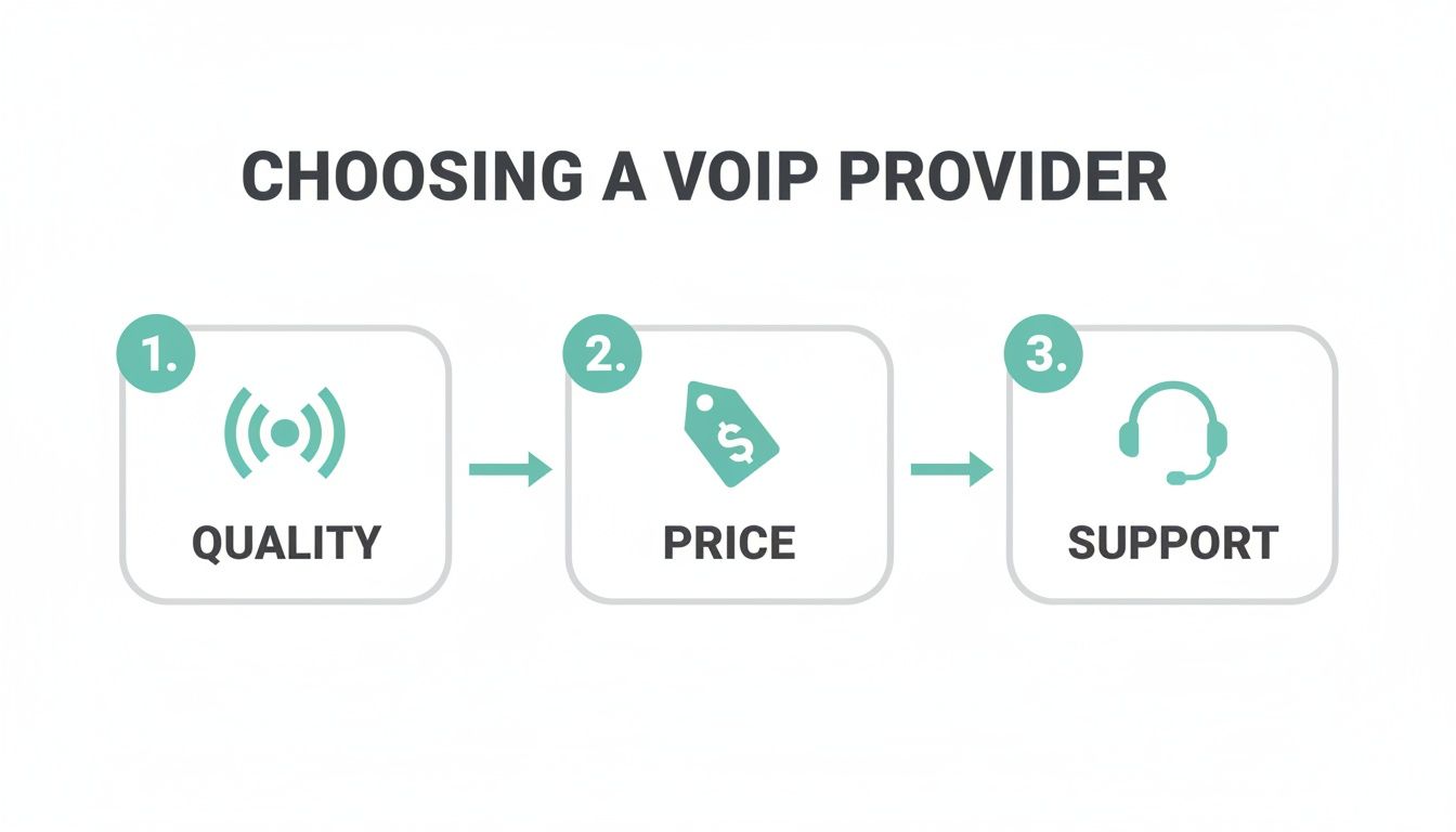 VoIP for Small Business: A Practical Australia Guide to Modern Communications 5 Infographic illustrating the three key factors for choosing a voip provider: quality, price, and support.