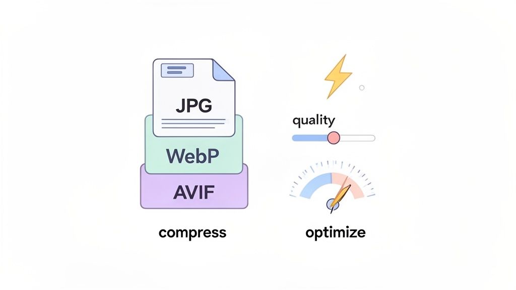 How to Add an Image in HTML: A Practical Guide 2 Image optimization concept showing JPG, WebP, and AVIF formats with quality and performance controls.