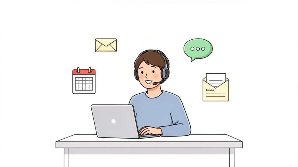 10 Profitable Small Business Ideas From Home for Aussies in 2026 4 A person with a headset using a laptop at a desk, surrounded by communication and task icons.