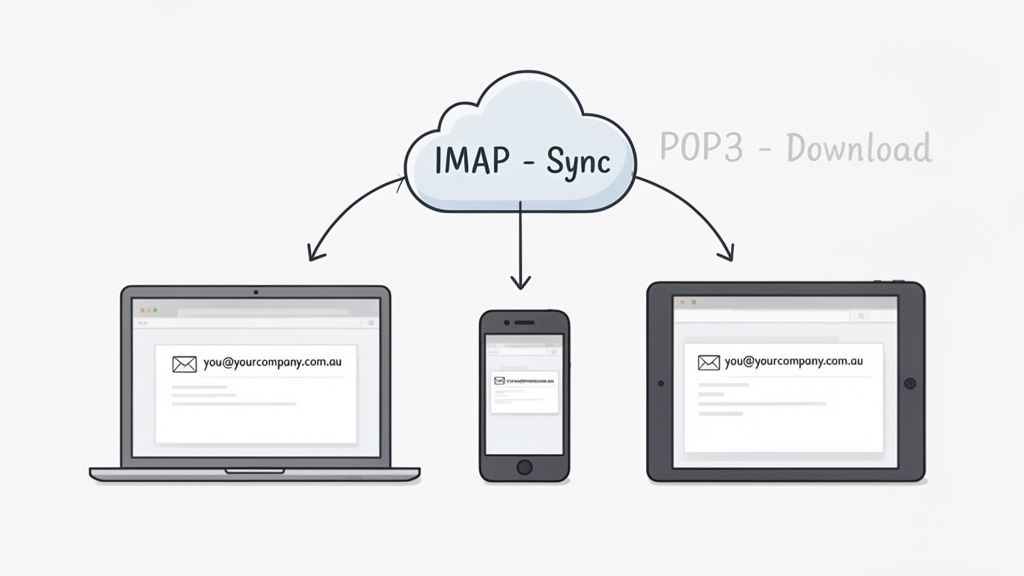 How to Set Up Company Email for Your Australian Business 4 An illustration depicting IMAP email synchronization across a laptop, smartphone, and tablet from a cloud.