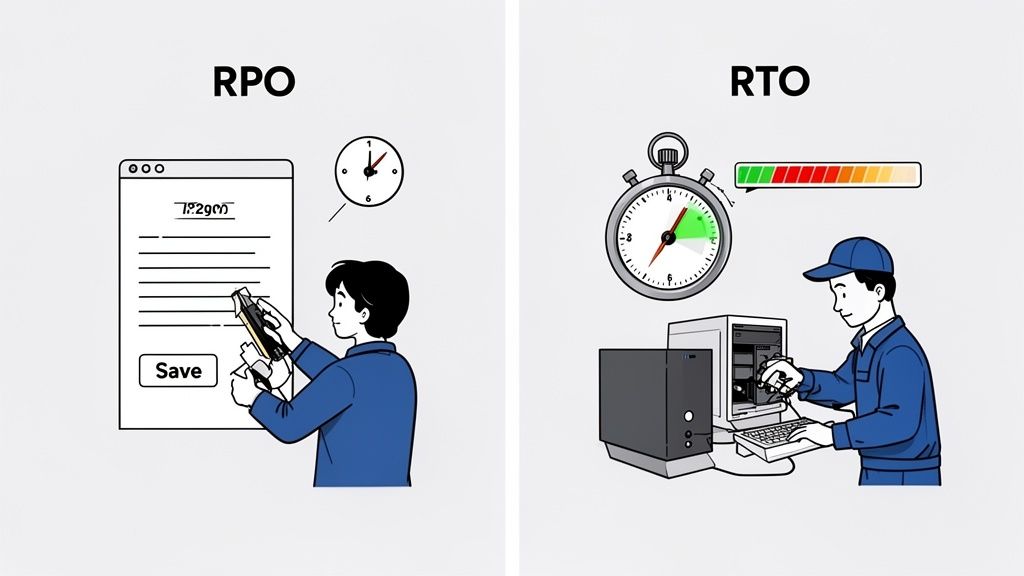Illustrates rpo (recovery point objective) and rto (recovery time objective) for data recovery.