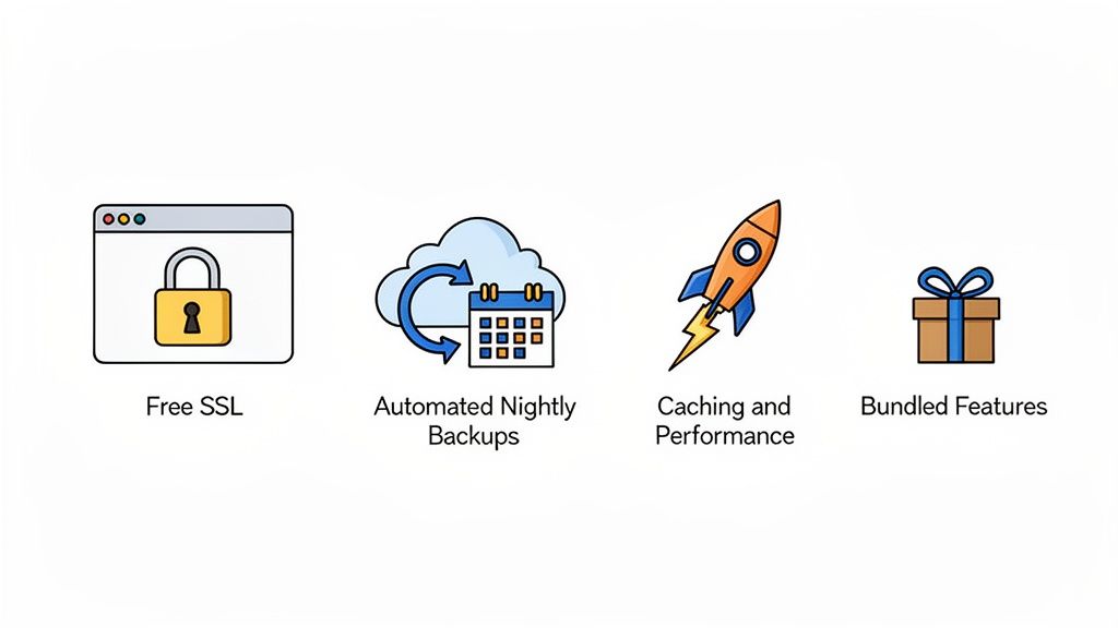 Four icons illustrating web hosting features: free ssl, automated backups, caching, and bundled features.