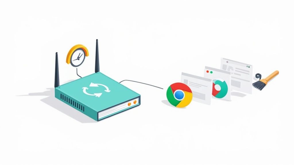Dns servers not responding: Quick fixes to get you back online 6 An illustration of a router, timer, refresh icon, google chrome browser, and a brush cleaning browser tabs.