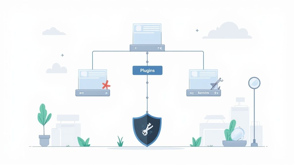 A diagram showing plugins connecting application modules, one indicating an error, another with tools, and a central security shield.