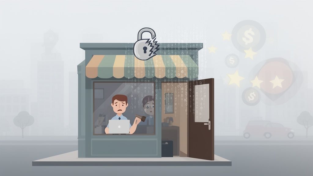 Exploit Prevention for Small Business: A Practical Guide 1 Worried small business owner facing a cyber exploit, indicated by a broken padlock, binary code, and disappearing revenue.