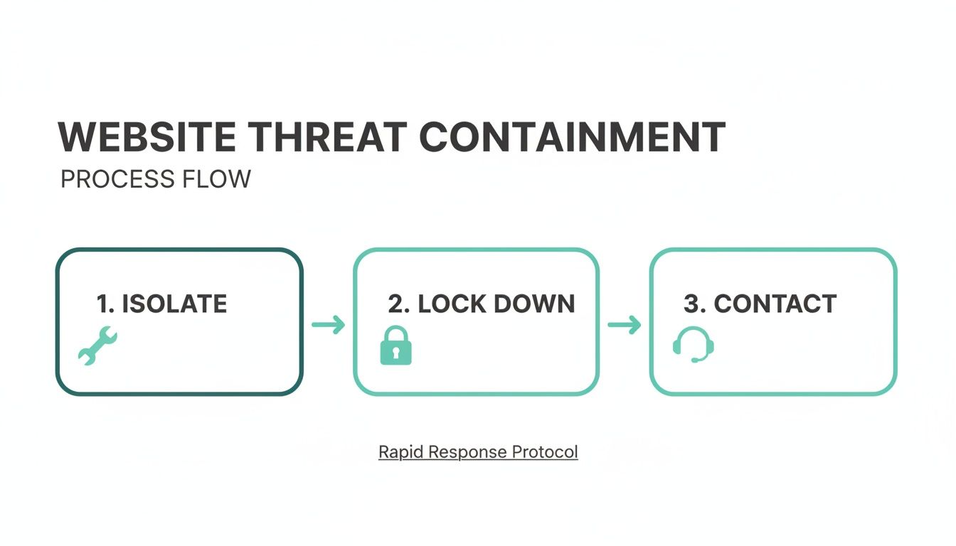 Website threat containment process flow illustrating three steps: isolate, lock down, and contact.