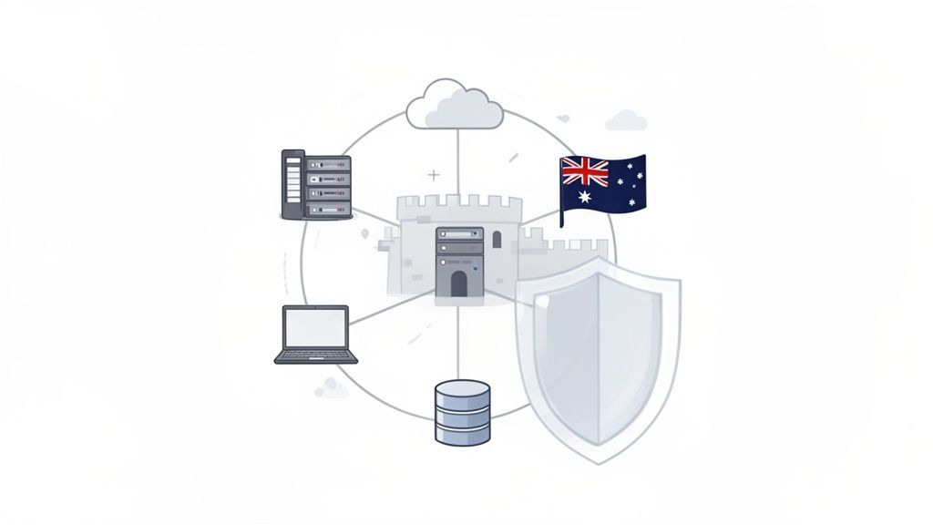 Diagram illustrating a secure australian business network infrastructure with cloud, servers, laptop, and database.