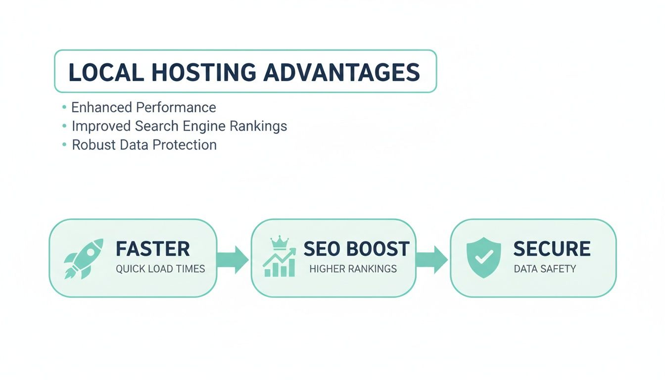 Infographic illustrating local hosting advantages: faster load times, improved seo rankings, and robust data protection.