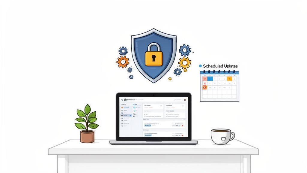 10 Profitable Small Business Ideas From Home for Aussies in 2026 1 Illustration of a laptop with a calendar, shield, and update icons, representing website security, system management, and scheduled updates.