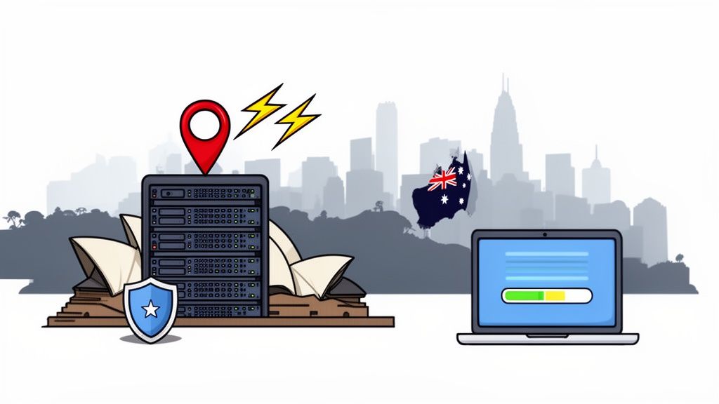 Secure server infrastructure in australia providing fast web services, depicted with sydney landmarks and a laptop.