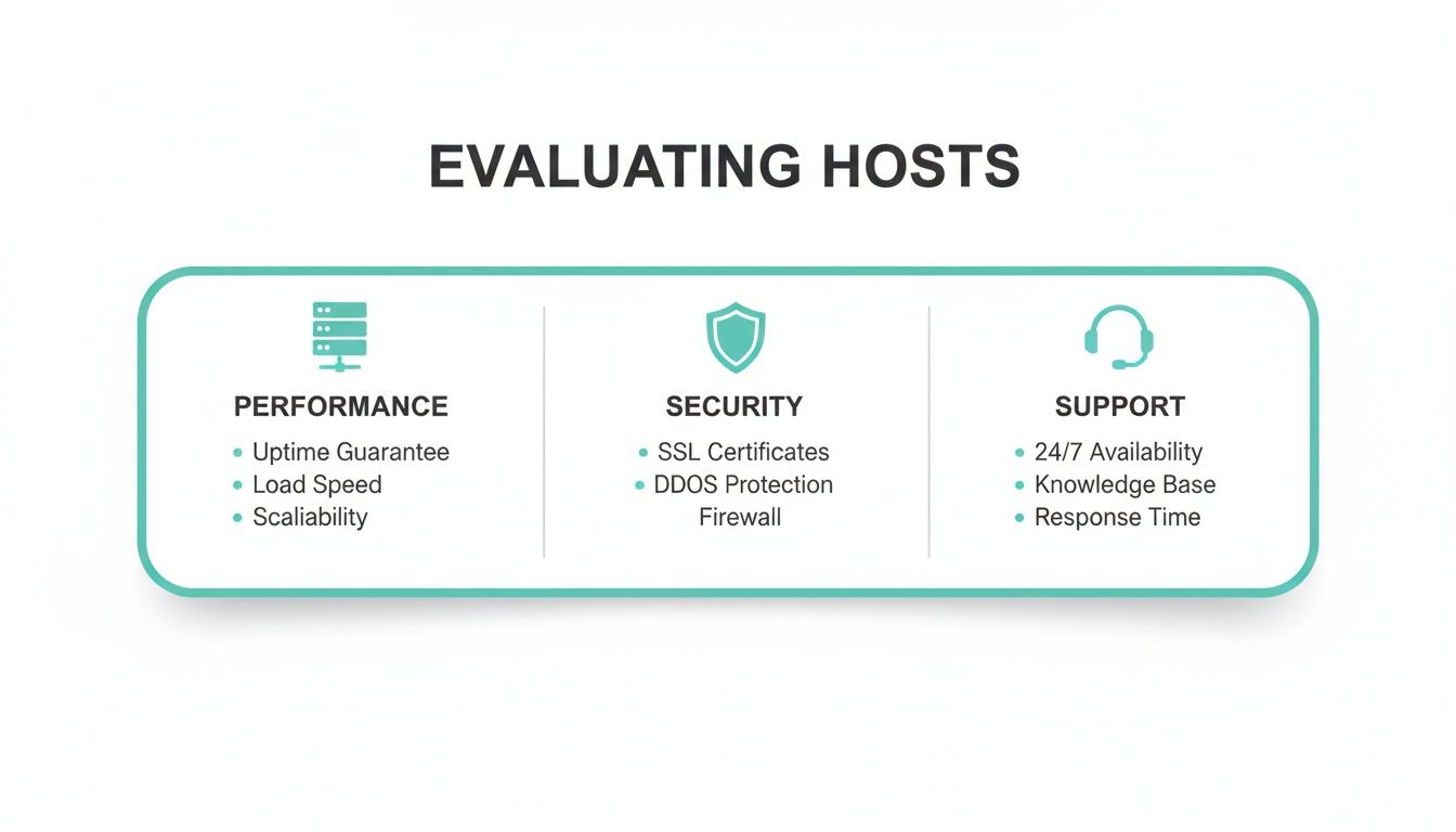 Graphic illustrating key factors for evaluating web hosts, including performance, security, and support.