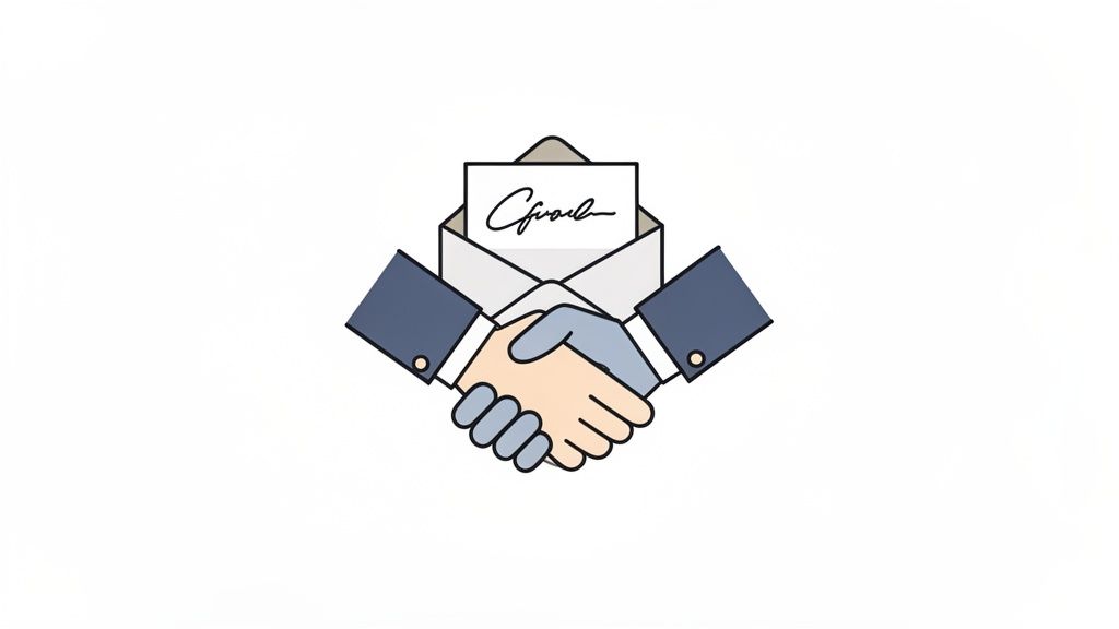 An illustration of a handshake and an open envelope with a signature, symbolizing a signed agreement or contract.
