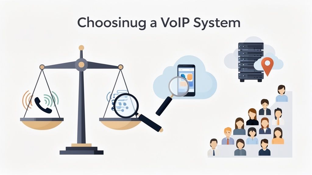The Ultimate Guide to VoIP Phone Systems for Small Business in Australia 11 An illustration depicting the process of choosing a voip system, showing calls, evaluation, cloud apps, servers, and users.