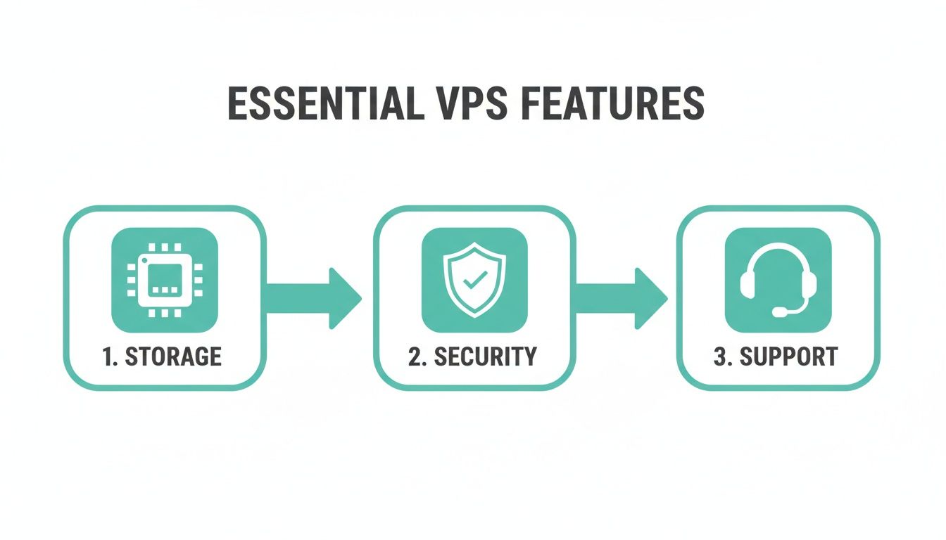 Infographic showing essential vps features: storage with a cpu icon, security with a shield icon, and support with a headset icon.