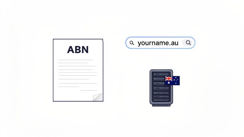 Australian business setup shown by abn document,. Au domain search, and an australian server.