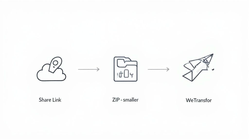 The Ultimate Guide to Email Attachment Size Limits 2 A diagram illustrates sharing large files: from a cloud 'share link', to 'zip - smaller' folder, then via 'wetransfer'.
