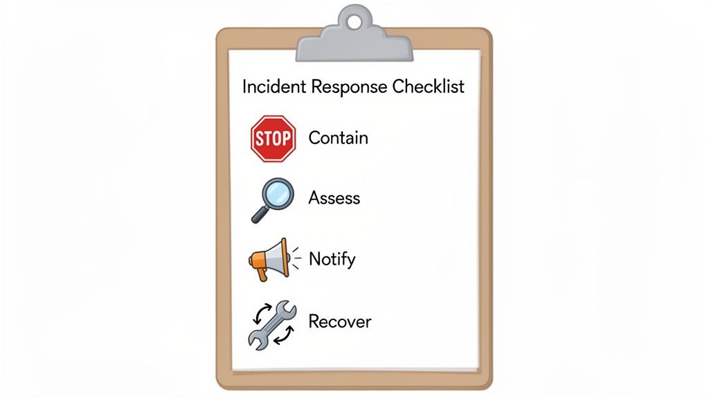 Cybersecurity & Data Protection: A Practical Guide for Australian Businesses 6 A clipboard displays an incident response checklist with steps: contain, assess, notify, and recover.