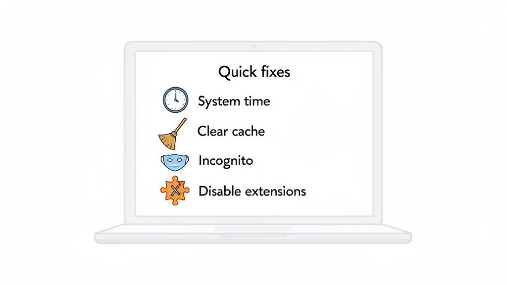 Your Guide: your connection is not private fix - fast, safe steps 2 A laptop screen displaying a list of quick fixes: system time, clear cache, incognito, and disable extensions, with icons.