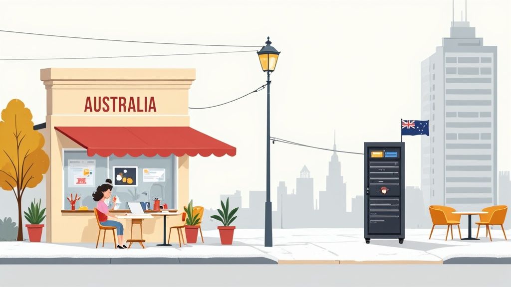A woman works on a laptop at an australian cafe, connected to a nearby server rack with an australian flag.
