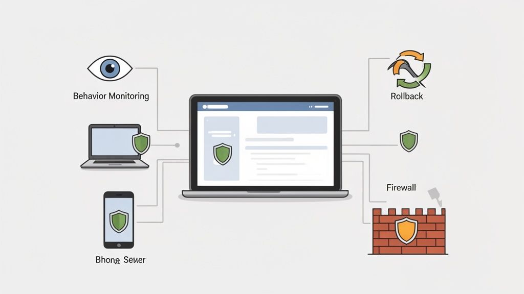 Anti-Virus Protection for Business: A Practical Guide 4 Diagram illustrating various cybersecurity features like behavior monitoring, rollback, and firewall protecting multiple devices.