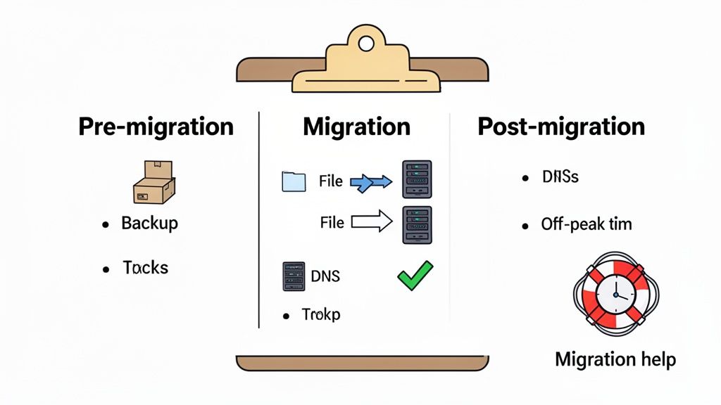 Finding the Best VPS Hosting Australia for Speed and Value 6 An illustration showing a three-phase data migration process: pre-migration, migration, and post-migration stages.