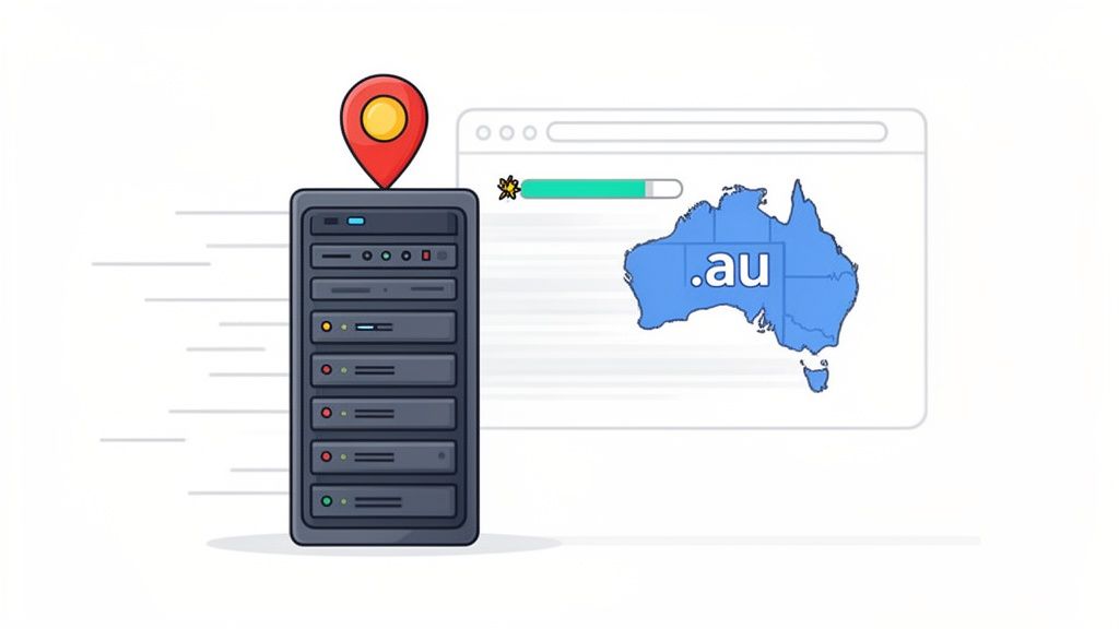 Server rack with a location pin and speed lines, indicating fast australian web hosting for. Au domains.