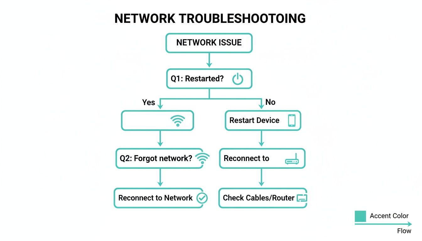 How to Fix 'Can't Connect to This Network' in Australia 1 Network troubleshooting flowchart guiding users through steps like restarting devices and checking connections.