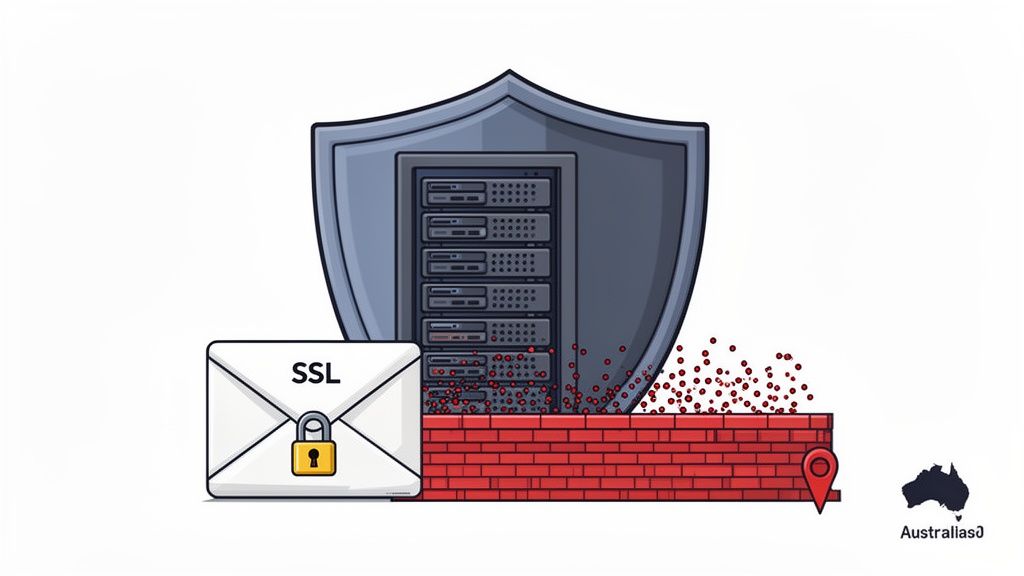 Cybersecurity & Data Protection: A Practical Guide for Australian Businesses 5 An illustration of server security with a shield, ssl envelope, and firewall protecting against digital threats.