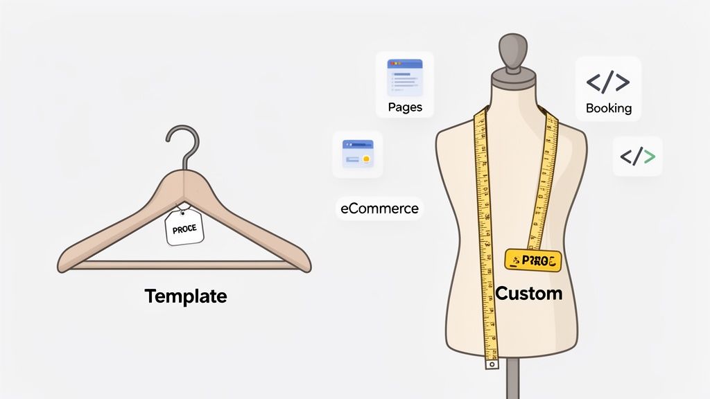 Illustration comparing template web design (hanger) with custom website development (tailor's dummy, app icons).