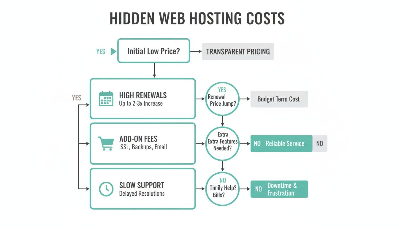 Flowchart detailing hidden web hosting costs, showing how low initial prices lead to high renewals, add-on fees, and slow support.