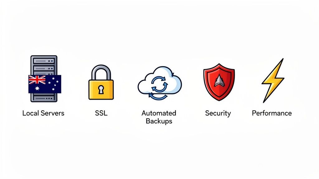 Cheap Web Hosting Australia: cheap web hosting australia with fast speeds 3 Icons for web hosting features: local australian servers, ssl, automated backups, security, and performance.