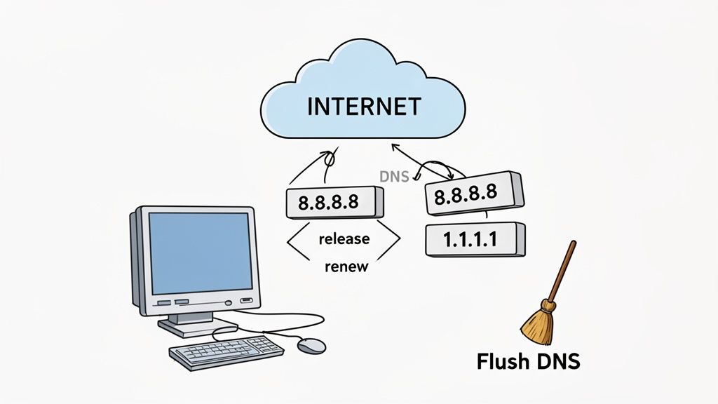 How to Fix 'Can't Connect to This Network' in Australia 3 Diagram illustrating dns resolution steps, including ip release/renew, public dns servers, and flushing the dns cache.