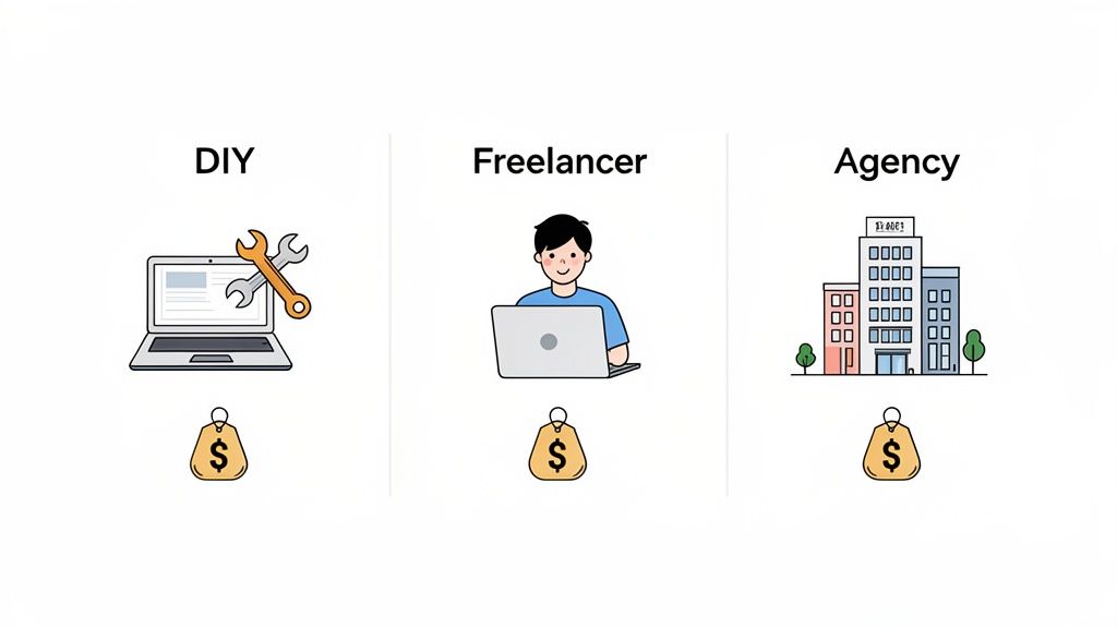 Graphic comparing diy, freelancer, and agency options for services, each with an associated cost indicated by a money bag.